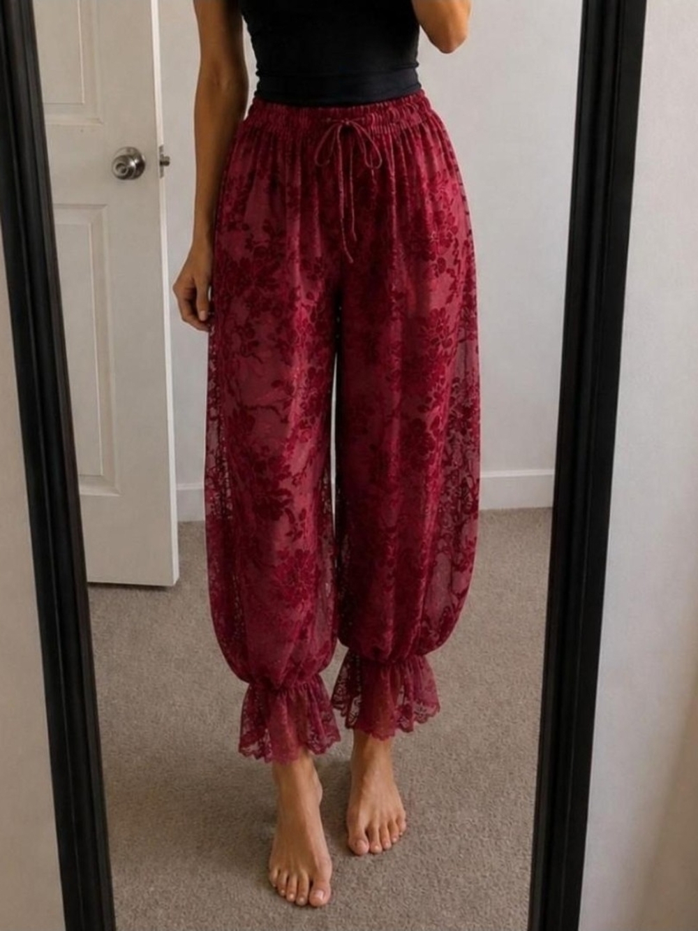 Red Floral Burnout Wide Leg Harem Bloomers Pantaloons Pants - Burgundy